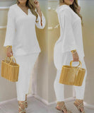 Explosion Color New Plain Horn Sleeve V Collar Top And Trousers Fashion Lady Set DJPT