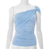 Women's Summer New Elegant Oblique Shoulder Kinned Mesh Splicing Tset DJPT