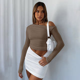 Women's Clothing 2025 Autumn And Winter 2025 New Long-Sleeved Slender Collared Shoulder Hottie Top DJPT