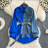 Hong Kong Flavor Temperament With Belt With Belt Color Cowboy Shirt Spring New Chi Casual Long Blouse DJPT