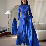 Women's Half-High Collar Lantern Sleeve Dress High-Waisted Knot Design Dress