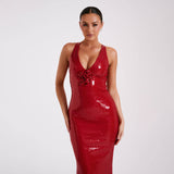 Lit Back Party Sexy Dress Red Cane Open-Fork Dress Three-Dimensional Flower Dress