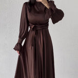 Long-Sleeved Lotus Leaf Cuffed Belt Waist-Repaired Penetted Joint Dress