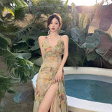 Floral Sexy Bareback Holiday Sling Dress Fairy Beach Long Dress Summer