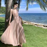Fragmented Hanging Neck Dress Spring And Summer Holiday Wind Pure Lusty Folding V-Neck Net Yarn Long Dress Girl