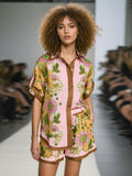 Casual Suit Women 2025 Spring New Printed Short-Sleeved Shirt + High-Waisted Broad Leg Pants Two Sets