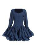 Fairy Dress 2025 New Square Collar Single Buckle Lotus Side Horn Sleeve Short Dress