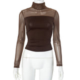 Women's High-Collar Mesh Splicing Long Sleeve Sexy Perspective Short Top DJPT