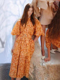 2024 New Collar Lantern Sleeve Single Buckle Belt To Collect Waist Long Dress Dress Woman