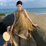 New Temperament Hanging Neck Dye Chiffon Skirt Fake Two Holiday Dress Summer