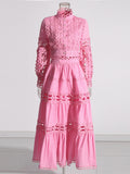 Famous Wind 2025 Summer New Lace Collar Long Sleeves Bare Waist Shirt High Waist Half Dress Solid Two Sets