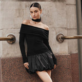 Women's New Word Collar Shoulder Long Sleeve Splicing Floral Skirt DJPT