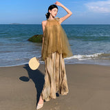 New Temperament Hanging Neck Dye Chiffon Skirt Fake Two Holiday Dress Summer