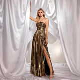 Women's Clothing Hanging Neck Dress Sexy Evening Dress Forked Sleeveless Gold Showback 8110 HZ0628