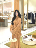Cooked Wind Kaqi Color Lotus Leaf Side Horn Sleeve Topsuit 2024 Autumn New Temperament Drag Floor Skirt