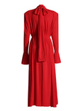 Spring New 2025 Three-Dimensional Flower Decoration Shoulder Horn Sleeve High-Waist Opening Dress Woman