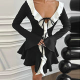 Women's Clothing Hit The Color Lotus Leaf Side Horn Long-Sleeved Lace Elegant Style Skirt DJPT
