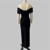 Sexy Folded Mesh Drill Splicing Word Shoulder Banded Skirt Party Evening Dress Skirt