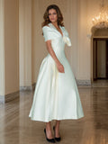 High-End Sense Court Style Retro 2025 Summer New Medium-Long V-Neck Short Sleeves To Close Waist Solid Color Dress Woman