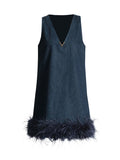 Dress 2025 Summer New High-End Feeling Sleeveless V-Necked Cowboy Splicing Feathers Short Dress Dress Woman