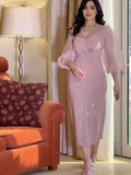 2025 Autumn New V-Neck Mesh Shalin Elegant Thin Lantern Sleeve Dress Woman