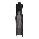 Women's Clothing 2025 Spring Personality Standing Sleeveless Open Forked Perspective Knitting Sexy Long Top