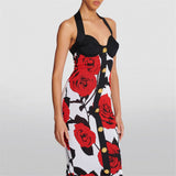 New Small Fragrant Rose Knitted Banda Dress Sexy Hanging Neck Gold Buckle Elastic Dress