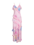 Colored Sling Skirt 2025 Summer New Fashion V-Neck Sleeveless Print Lotus Leaf-Side Dress Woman