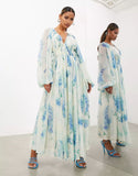 Women's Printed Chiffon Dress V Collar Folded Waist Drawstring Long Sleeve 8042 HZ0628