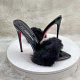 12Cm Pointed Thin Heeled Tips High Heels Women Black Hair Cool Slippers High Quality Shoes