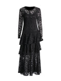 Retro Style Small Lotus Leaf Side Dress 2025 High-End New Round-Neck Long-Sleeved Lace Hollow Dress