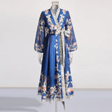 Literary And Art Vintage Dress 2025 Summer New V-Neck Print Lantern Sleeve High-Waisted Dress Woman
