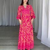 Women's Autumn New V-Necked Lantern Sleeve Print High-Waist Retro Long Dress