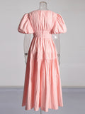 Retro Elegant Style Dress 2025 Summer New V-Neck Bubble Sleeve Folded Lotus Leaves Side Waist Dress Dress Woman