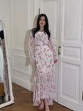 2024 Summer Chiffon Flower Leaf Sleeves Long-Sleeves Illustuff Irregular Dress