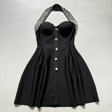 Diamond Button Hanging Neck Banded Dress Party Party Dress A Dress