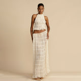 Explosive Dew-Back Strap Hanging Neck Top Set Wood Ear Chiffon Wrinkle Long Dress Two Sets