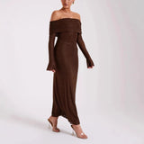 Women's New Luxury Out-Shoulder Long-Sleeved Body Drilled Noble Dress HZ0628