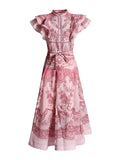 Bohemian Wind 2025 Spring New Neckline With Flying Sleeves To Close The Waist Print Medium Long Skirt Dress