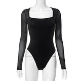 Women's Autumn And Winter New Square Long Sleeve Mesh Splicing Repair Body Dressing DJPT