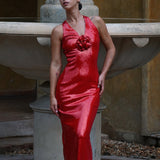 Lit Back Party Sexy Dress Red Cane Open-Fork Dress Three-Dimensional Flower Dress
