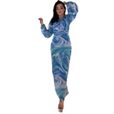 Women's Autumn V-Neck Lantern Sleeve Long-Sleeved High-Rise Fashion-Print Long Dress