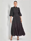 Spring And Summer Goddess Elegant Temperament Pure Color Hollow Lace Dress