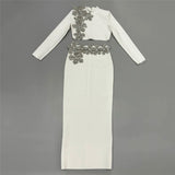 Fashion Diamond-Staggered Bandage Skirt Set Long Sleeve Half-Necked Short Blouse Dress Two-Sleeve Woman