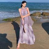 New Temperament Hanging Neck Dye Chiffon Skirt Fake Two Holiday Dress Summer