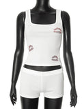 Women's Sleeveless U-Neck Lip Red Hot Drilling Suede Vest Shorts Set DJPT