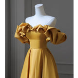 Shoulder Banquet Evening Dress Dress Female-Singen-Faced Yellow Temperament Light Luxury Niche High-End Art Exam Host Dress