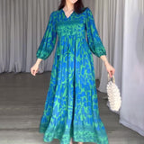 Women's Autumn New V-Necked Lantern Sleeve Print High-Waist Retro Long Dress