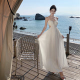 Breast Slings White Languing Folded Long Skirt Banquet Dress Holiday 100 Folded Beach Dress Girl