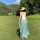 Holiday Style Suit French Rope Smear Vest Top Woman Summer Blue Floral Half Dress Two Sets